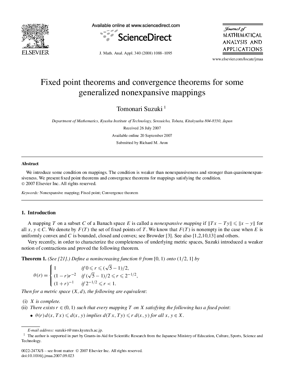 Fixed point theorems and convergence theorems for some generalized nonexpansive mappings