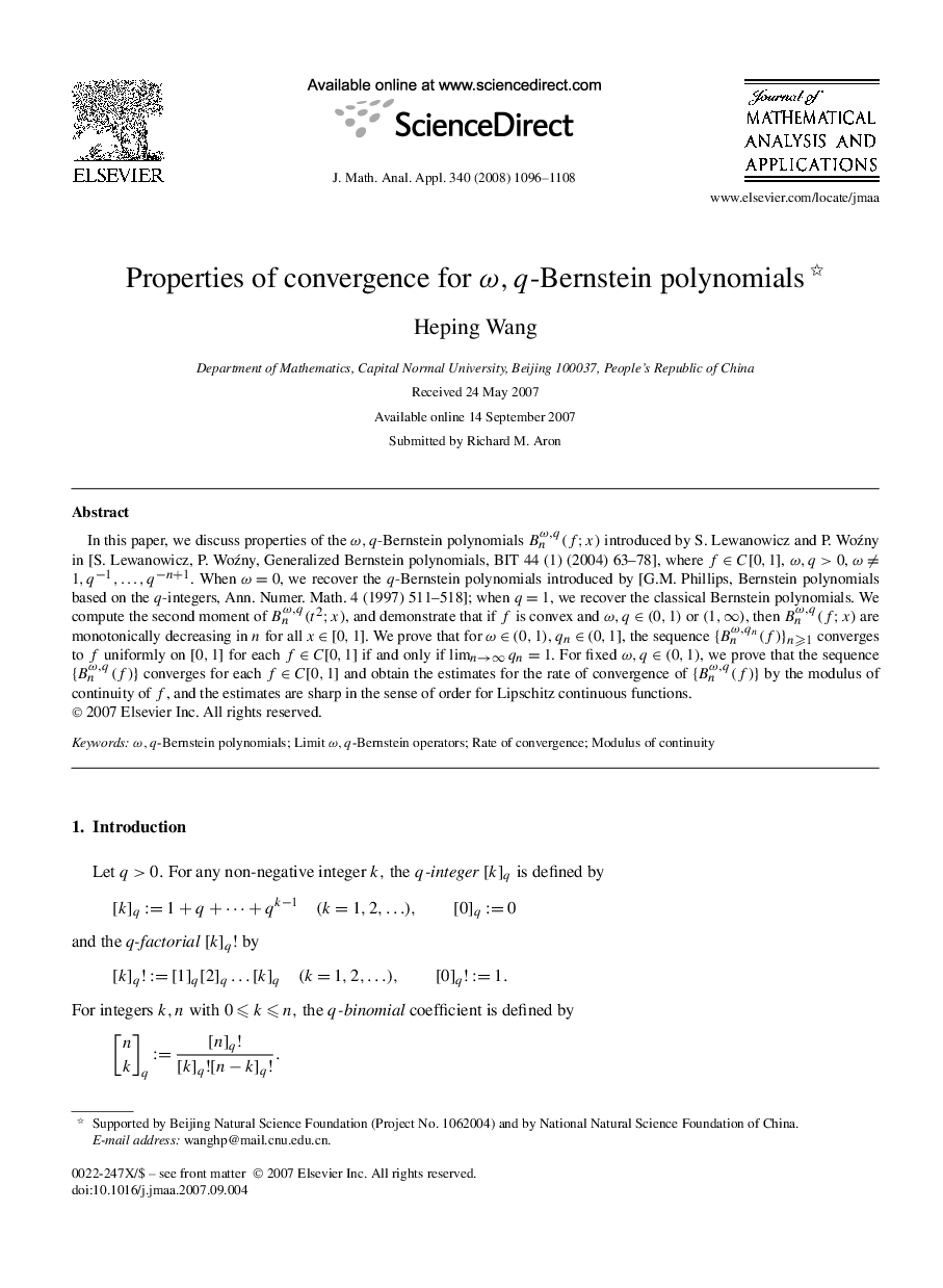 Properties of convergence for ω,q-Bernstein polynomials 