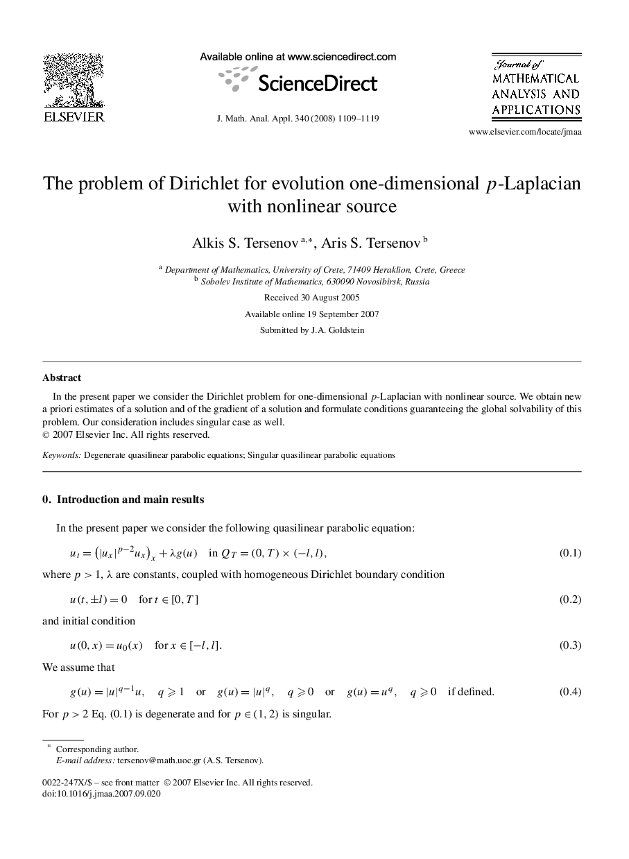 عکس صفحه اول مقاله: The problem of Dirichlet for evolution one-dimensional p-Laplacian with nonlinear source The problem of Dirichlet for evolution one-dimensional p-Laplacian with nonlinear source