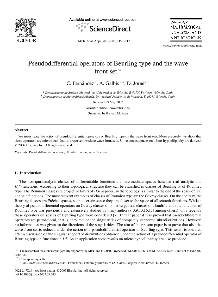 Pseudodifferential operators of Beurling type and the wave front set 