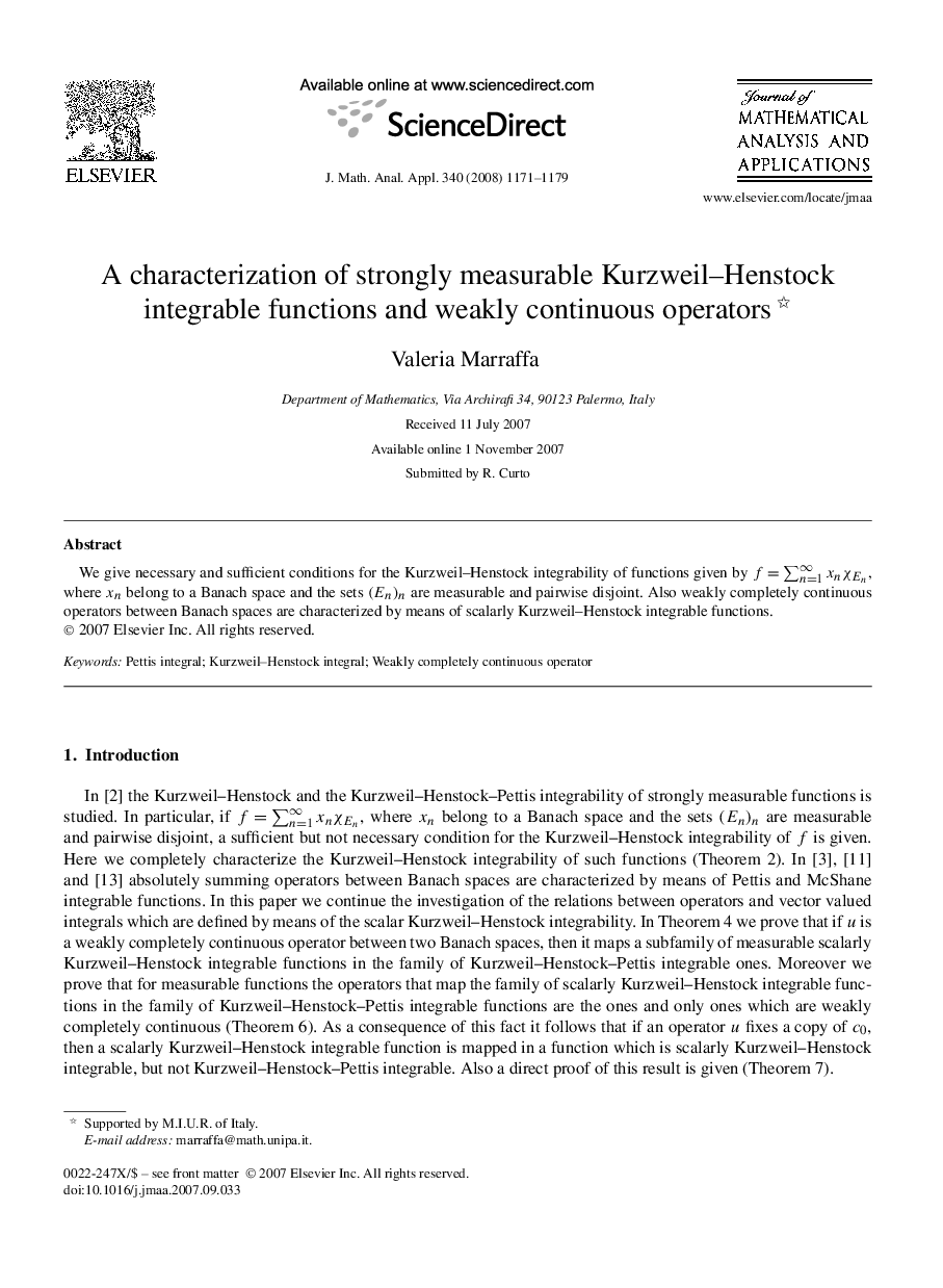 A characterization of strongly measurable Kurzweil–Henstock integrable functions and weakly continuous operators 