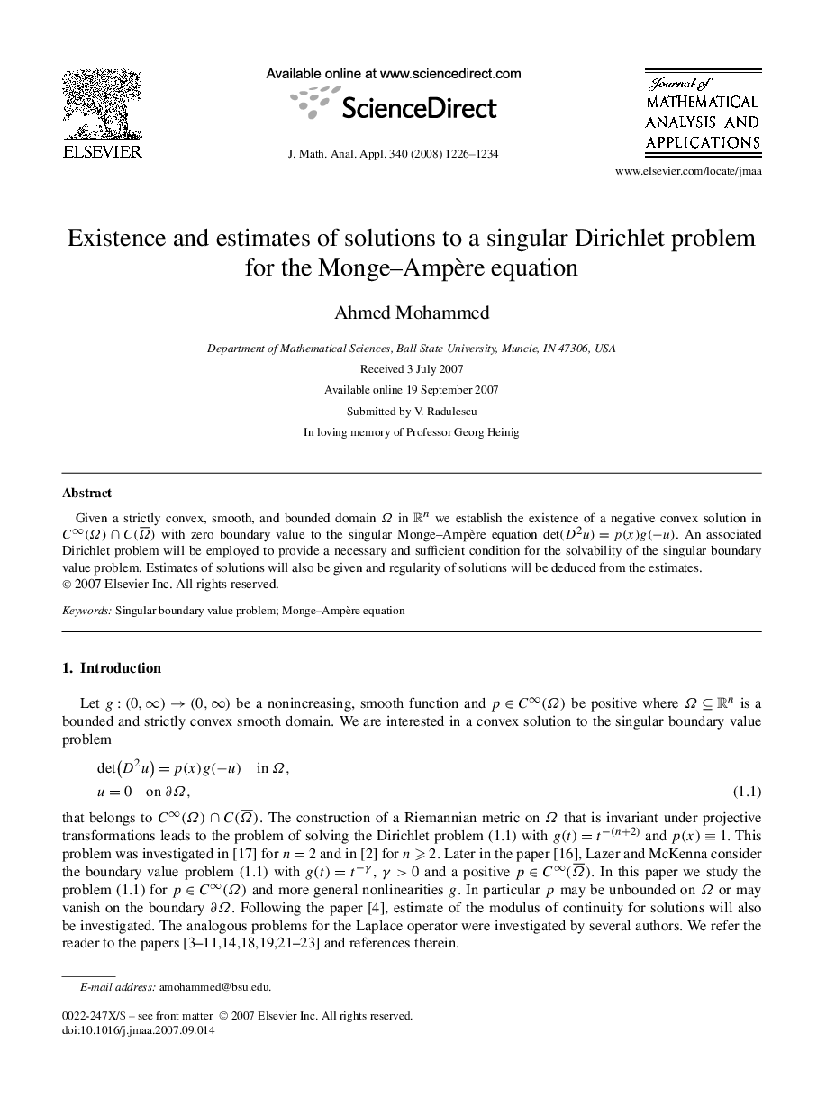 عکس صفحه اول مقاله: Existence and estimates of solutions to a singular Dirichlet problem for the Monge–Ampère equation Existence and estimates of solutions to a singular Dirichlet problem for the Monge–Ampère equation