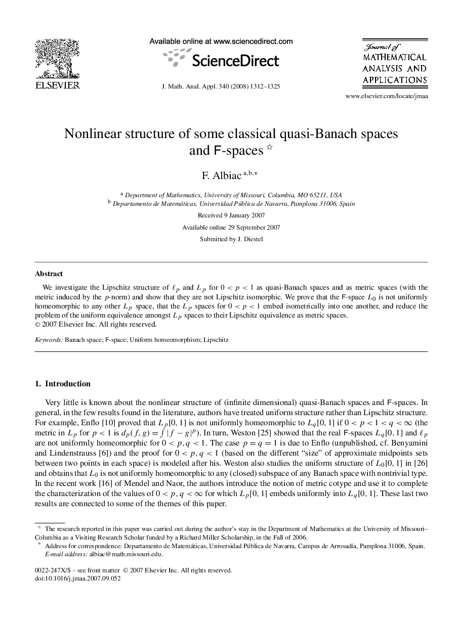 عکس صفحه اول مقاله: Nonlinear structure of some classical quasi-Banach spaces and F-spaces Nonlinear structure of some classical quasi-Banach spaces and F-spaces