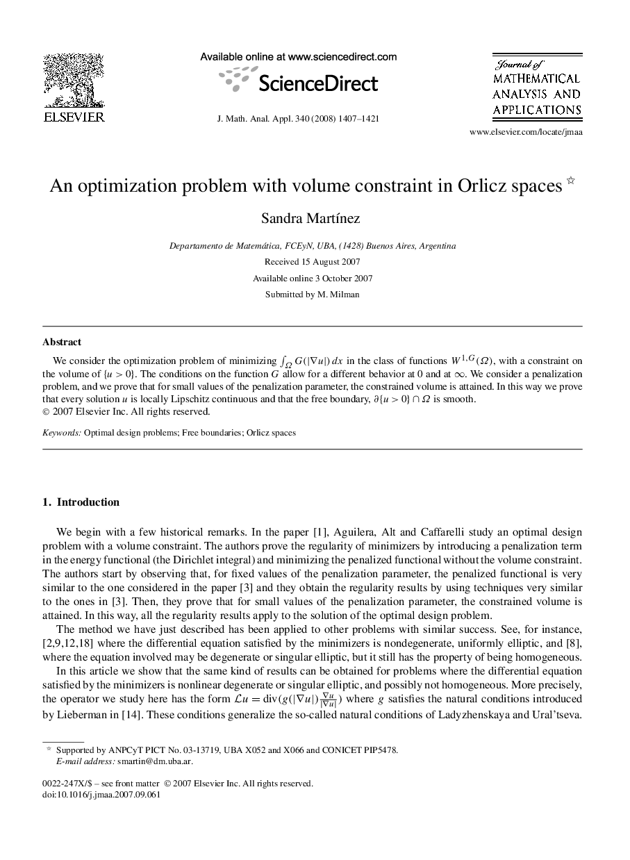 عکس صفحه اول مقاله: An optimization problem with volume constraint in Orlicz spaces An optimization problem with volume constraint in Orlicz spaces