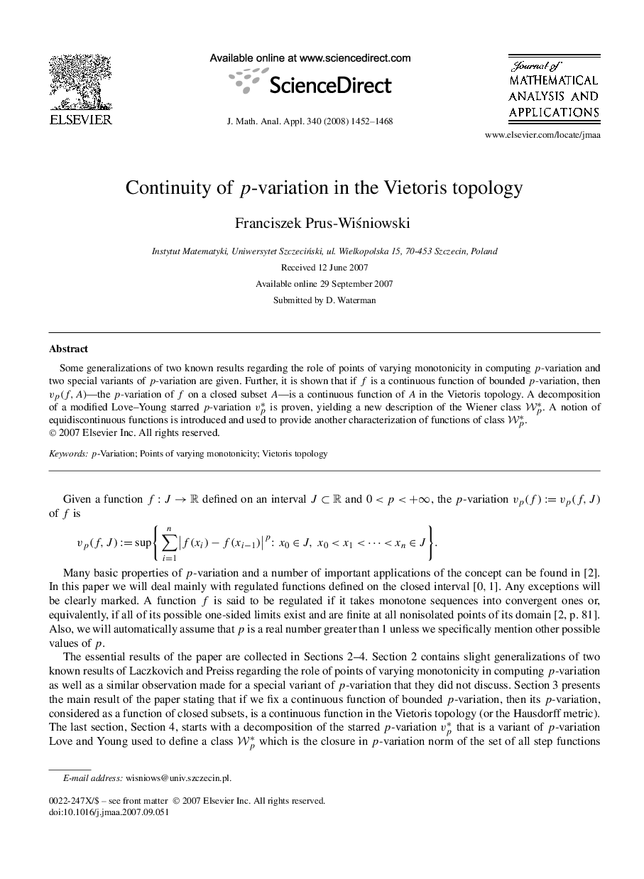 عکس صفحه اول مقاله: Continuity of p-variation in the Vietoris topology Continuity of p-variation in the Vietoris topology