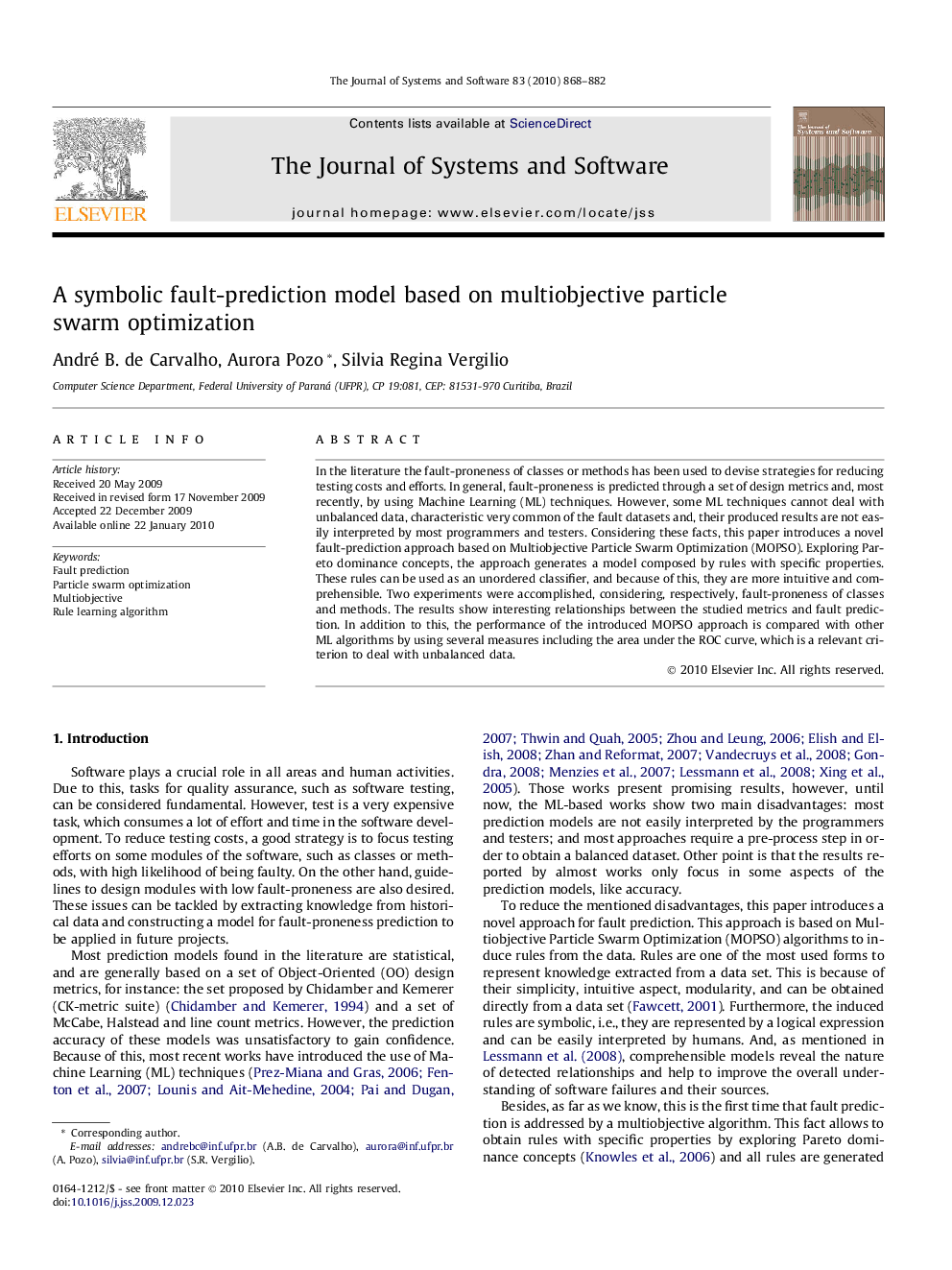 A symbolic fault-prediction model based on multiobjective particle swarm optimization