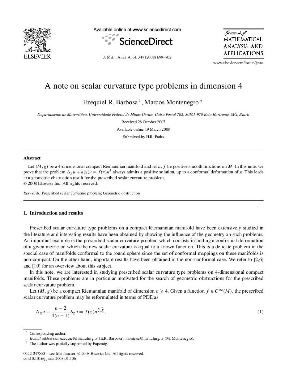 A note on scalar curvature type problems in dimension 4