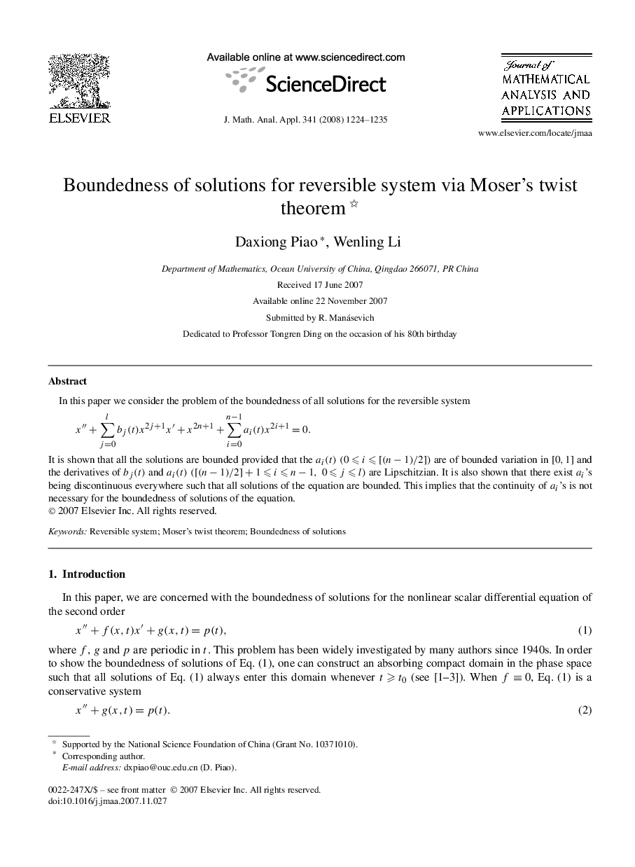 Boundedness of solutions for reversible system via Moser's twist theorem 