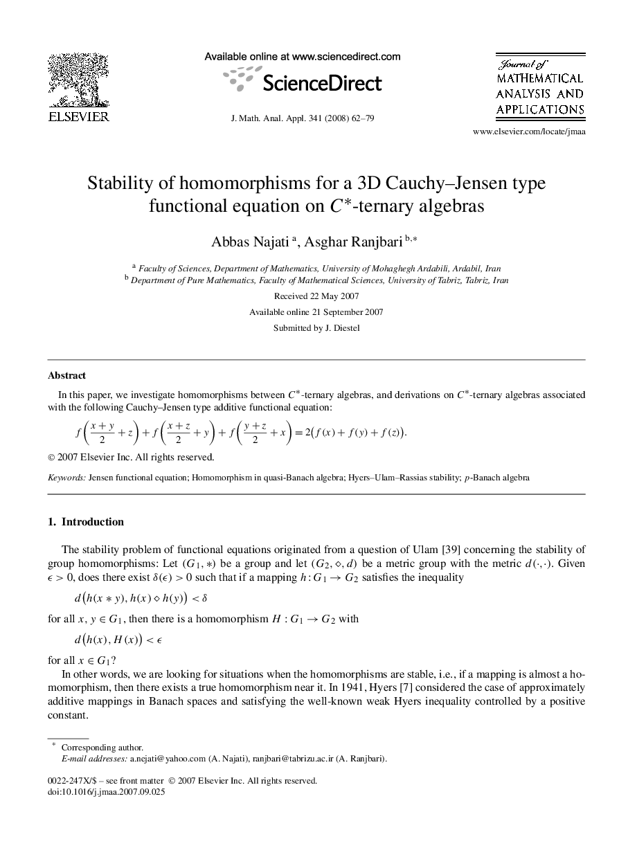 Stability of homomorphisms for a 3D Cauchy–Jensen type functional equation on C∗C∗-ternary algebras