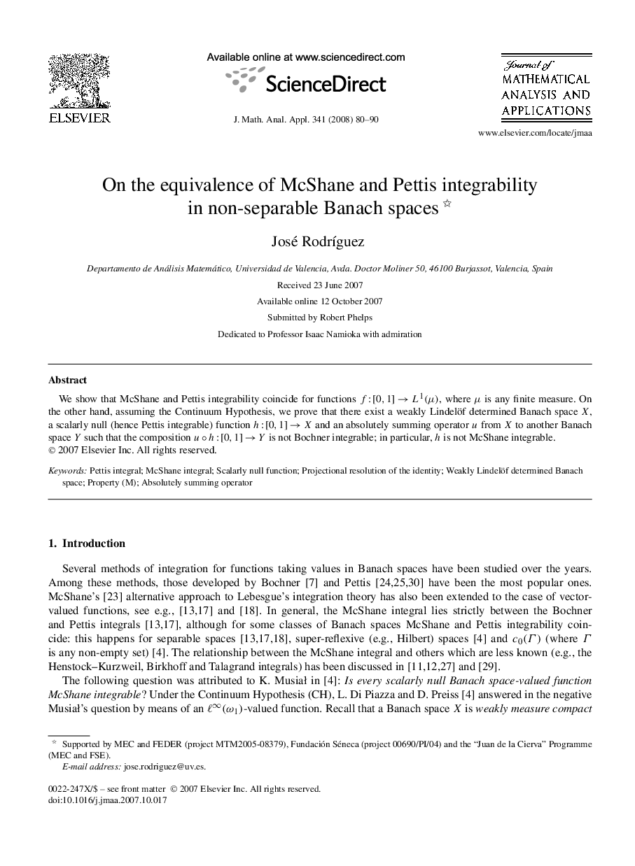 عکس صفحه اول مقاله: On the equivalence of McShane and Pettis integrability in non-separable Banach spaces On the equivalence of McShane and Pettis integrability in non-separable Banach spaces
