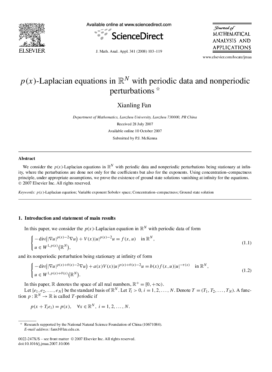 p(x)-Laplacian equations in RN with periodic data and nonperiodic perturbations 