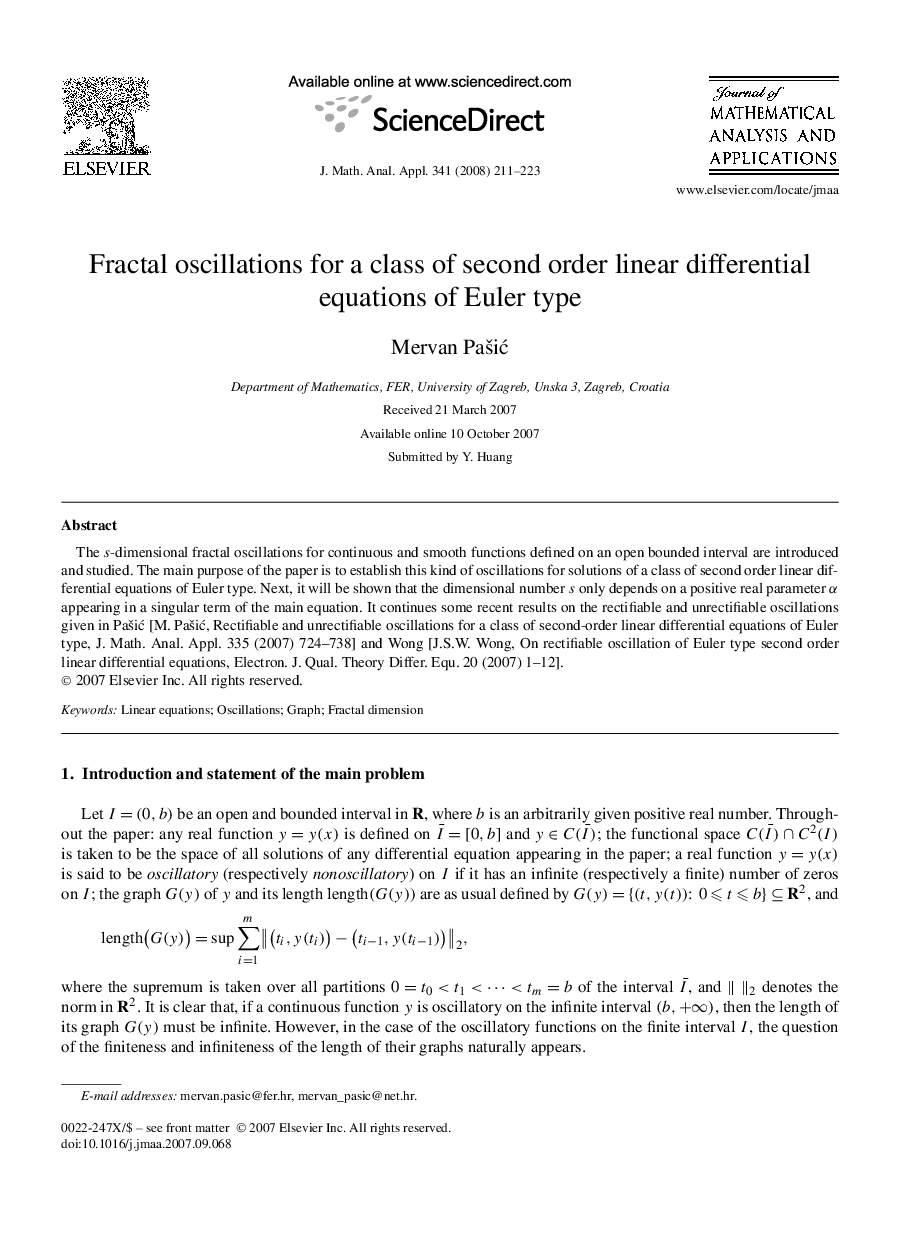 Fractal oscillations for a class of second order linear differential equations of Euler type