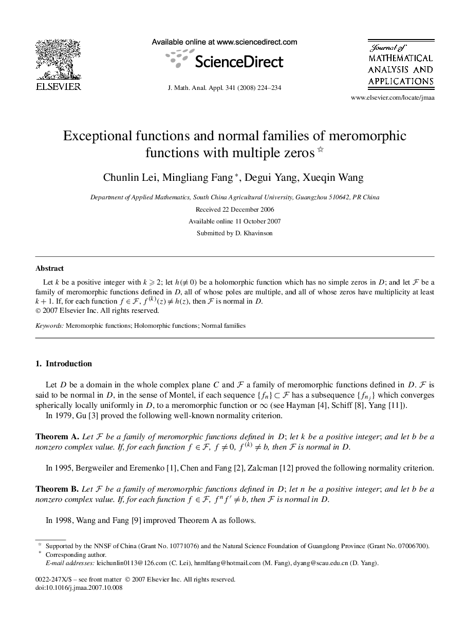 عکس صفحه اول مقاله: Exceptional functions and normal families of meromorphic functions with multiple zeros Exceptional functions and normal families of meromorphic functions with multiple zeros