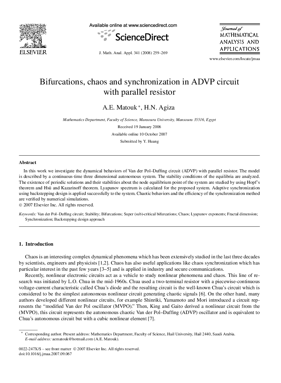 عکس صفحه اول مقاله: Bifurcations, chaos and synchronization in ADVP circuit with parallel resistor Bifurcations, chaos and synchronization in ADVP circuit with parallel resistor
