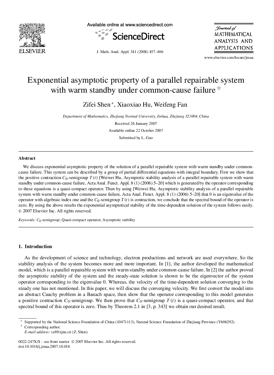 عکس صفحه اول مقاله: Exponential asymptotic property of a parallel repairable system with warm standby under common-cause failure Exponential asymptotic property of a parallel repairable system with warm standby under common-cause failure