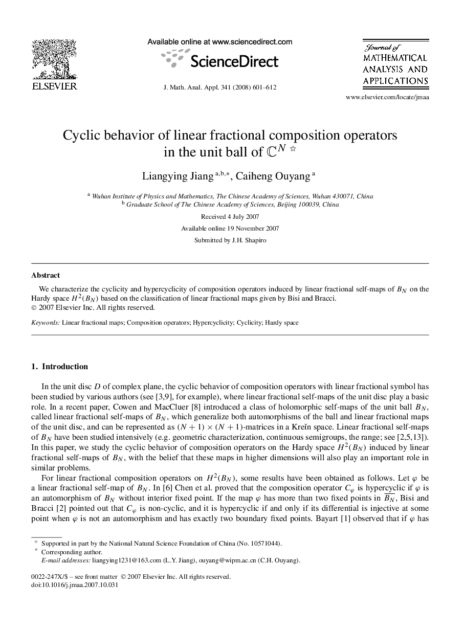 عکس صفحه اول مقاله: Cyclic behavior of linear fractional composition operators in the unit ball of CN Cyclic behavior of linear fractional composition operators in the unit ball of CN