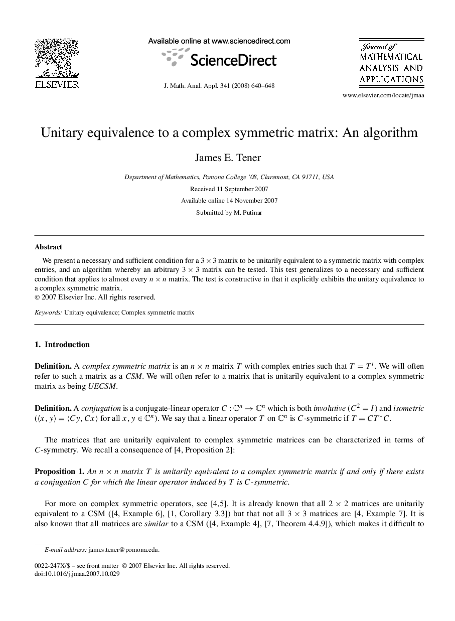 Unitary equivalence to a complex symmetric matrix: An algorithm