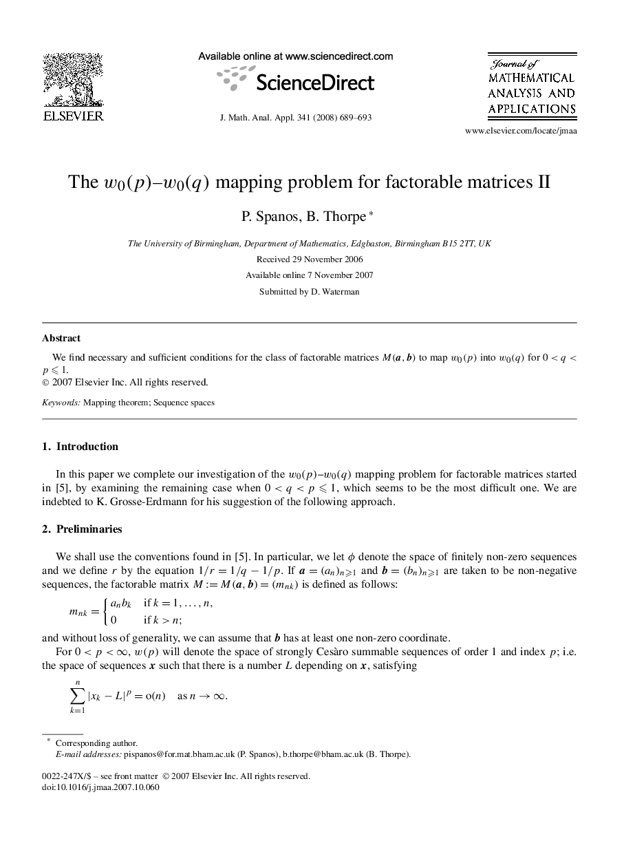 The w0(p)–w0(q) mapping problem for factorable matrices II