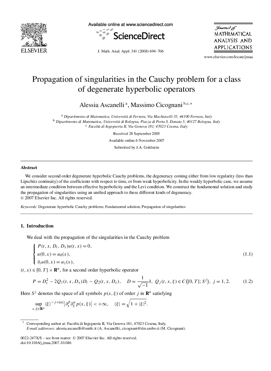 Propagation of singularities in the Cauchy problem for a class of degenerate hyperbolic operators