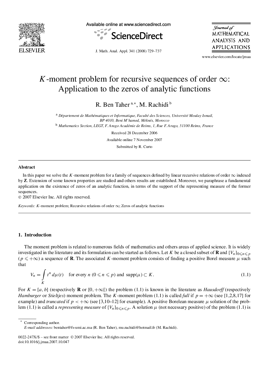 K-moment problem for recursive sequences of order ∞: Application to the zeros of analytic functions