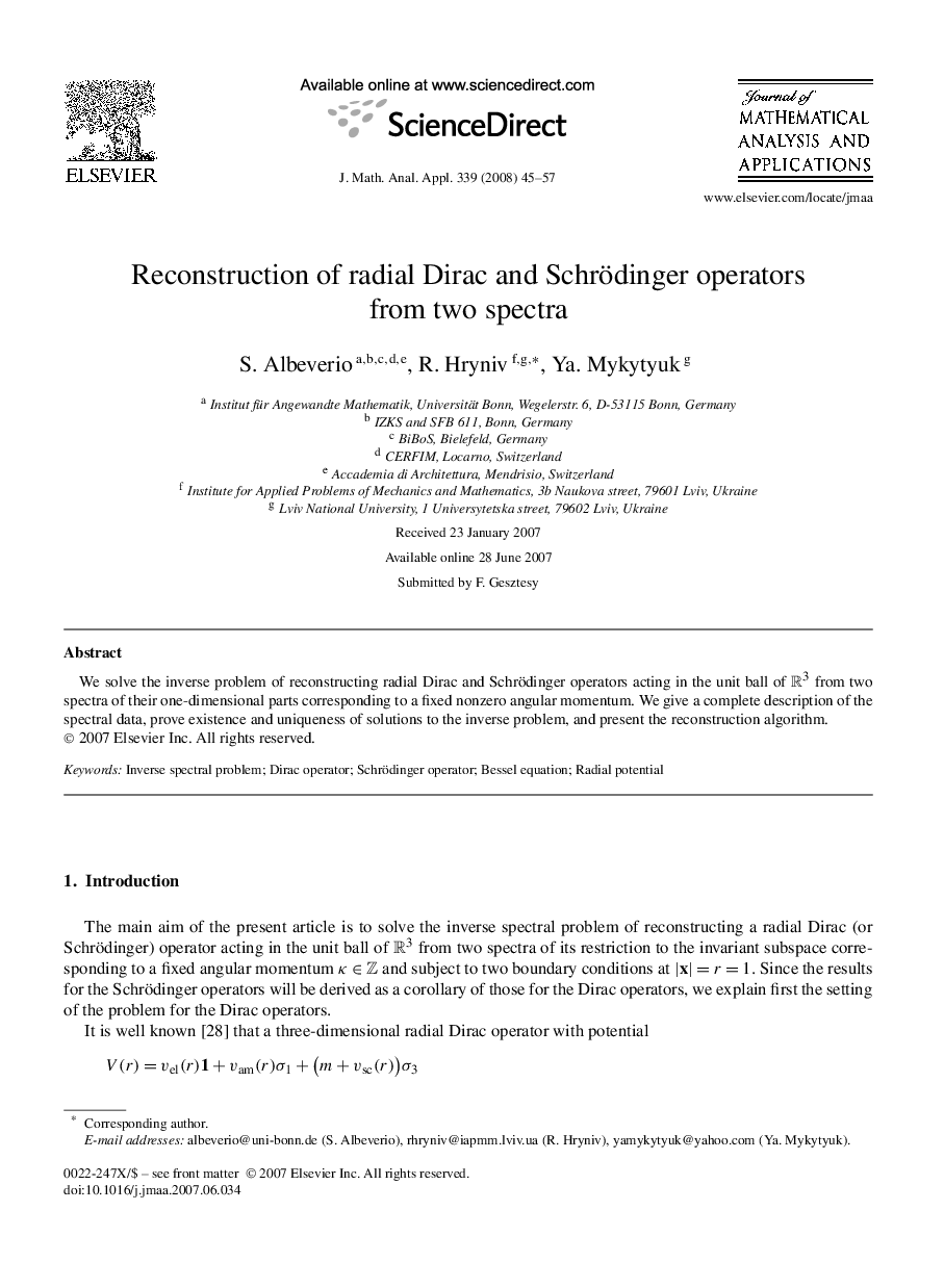 Reconstruction of radial Dirac and Schrödinger operators from two spectra