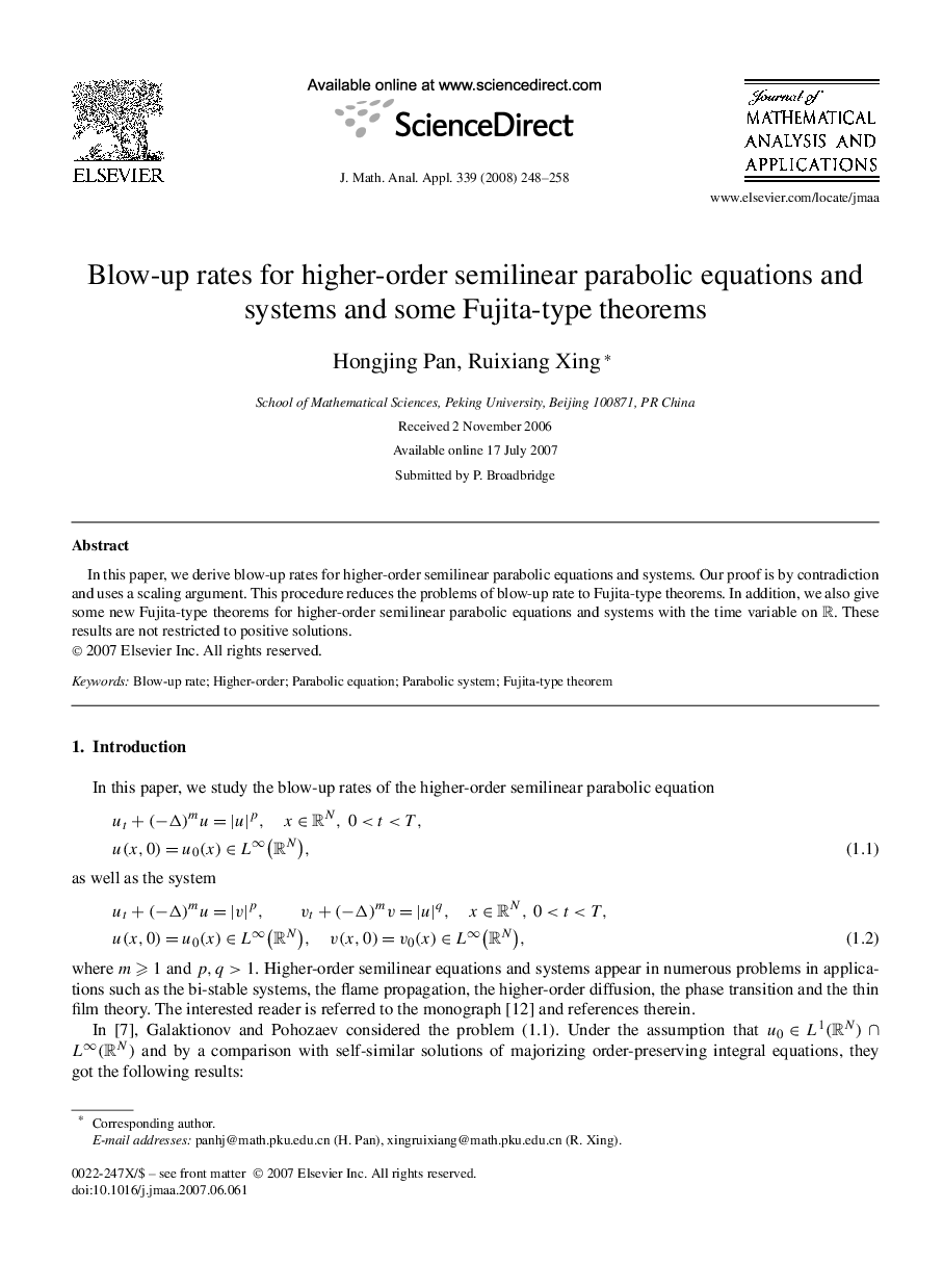 عکس صفحه اول مقاله: Blow-up rates for higher-order semilinear parabolic equations and systems and some Fujita-type theorems Blow-up rates for higher-order semilinear parabolic equations and systems and some Fujita-type theorems