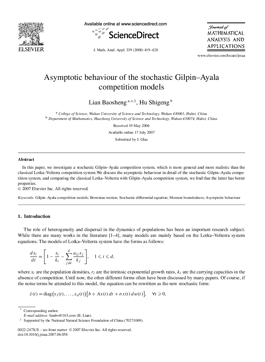 Asymptotic behaviour of the stochastic Gilpin–Ayala competition models