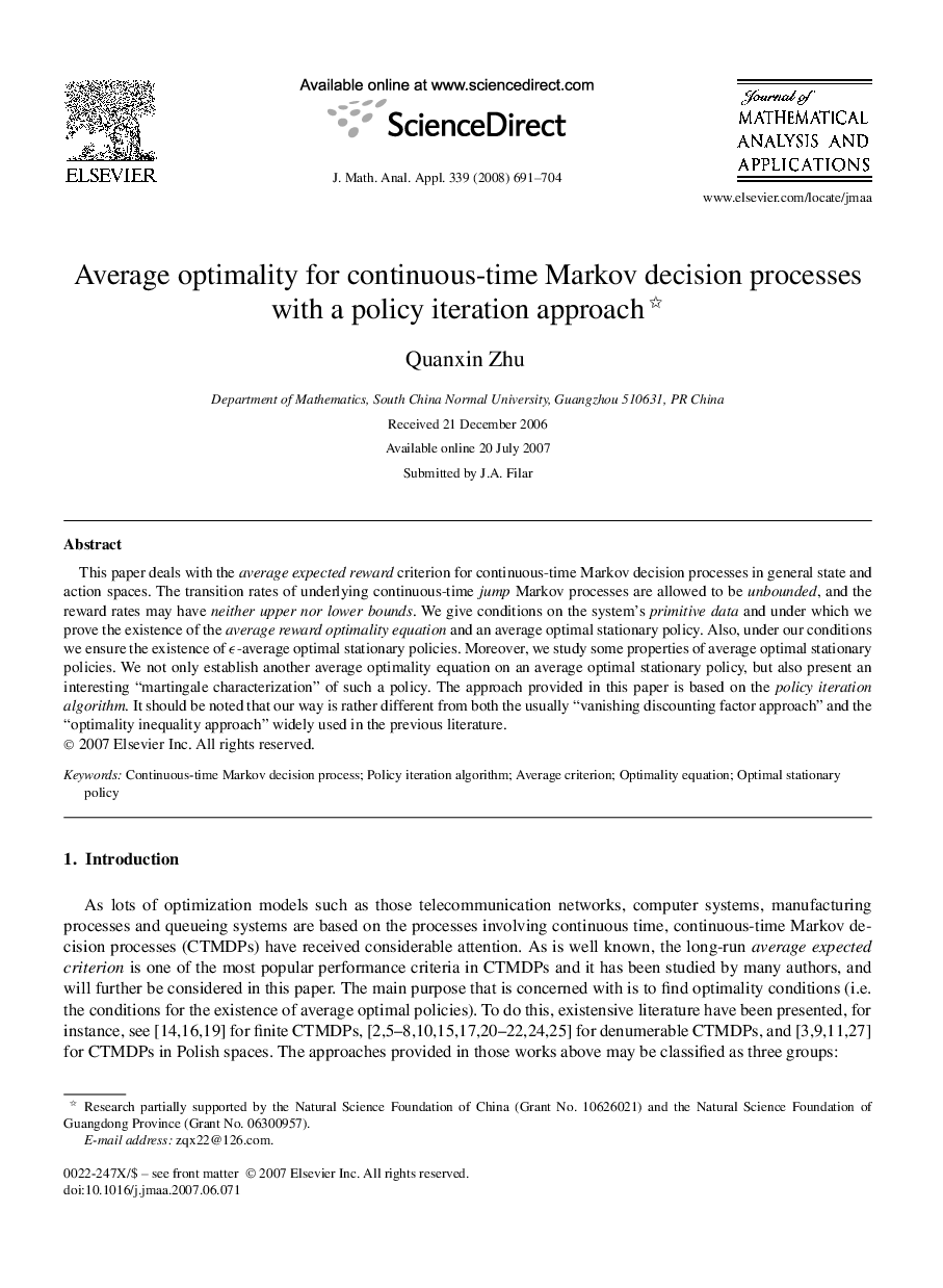 عکس صفحه اول مقاله: Average optimality for continuous-time Markov decision processes with a policy iteration approach Average optimality for continuous-time Markov decision processes with a policy iteration approach