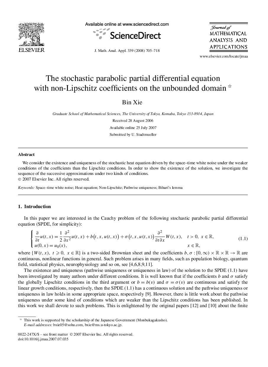 عکس صفحه اول مقاله: The stochastic parabolic partial differential equation with non-Lipschitz coefficients on the unbounded domain The stochastic parabolic partial differential equation with non-Lipschitz coefficients on the unbounded domain