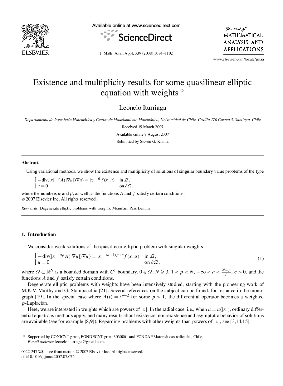 Existence and multiplicity results for some quasilinear elliptic equation with weights 