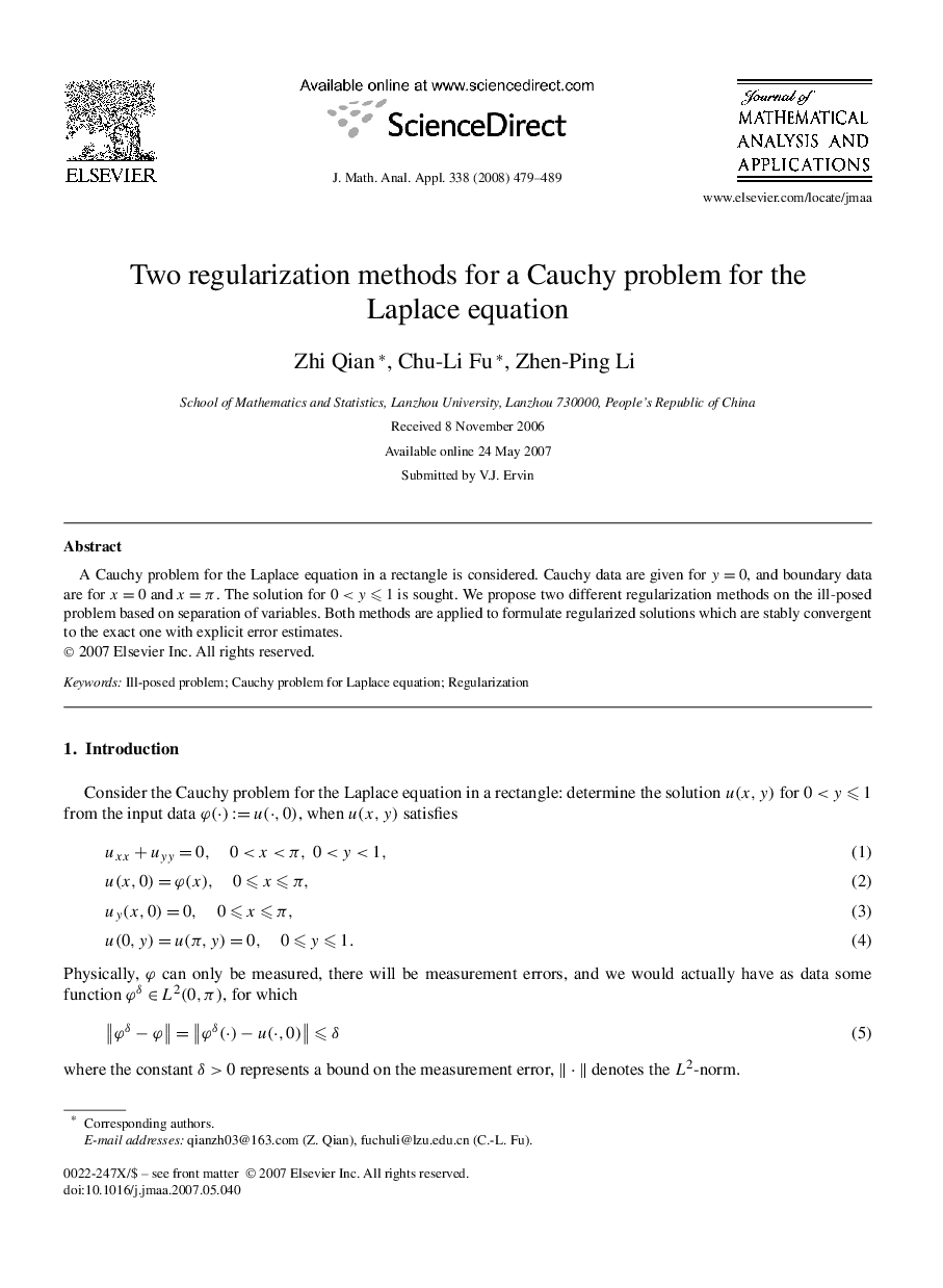 عکس صفحه اول مقاله: Two regularization methods for a Cauchy problem for the Laplace equation Two regularization methods for a Cauchy problem for the Laplace equation