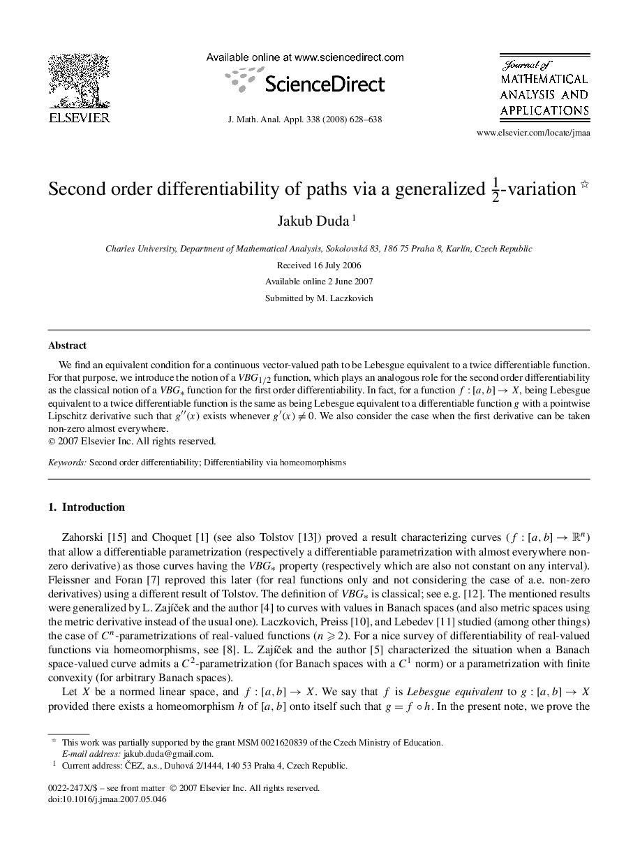 Second order differentiability of paths via a generalized -variation 