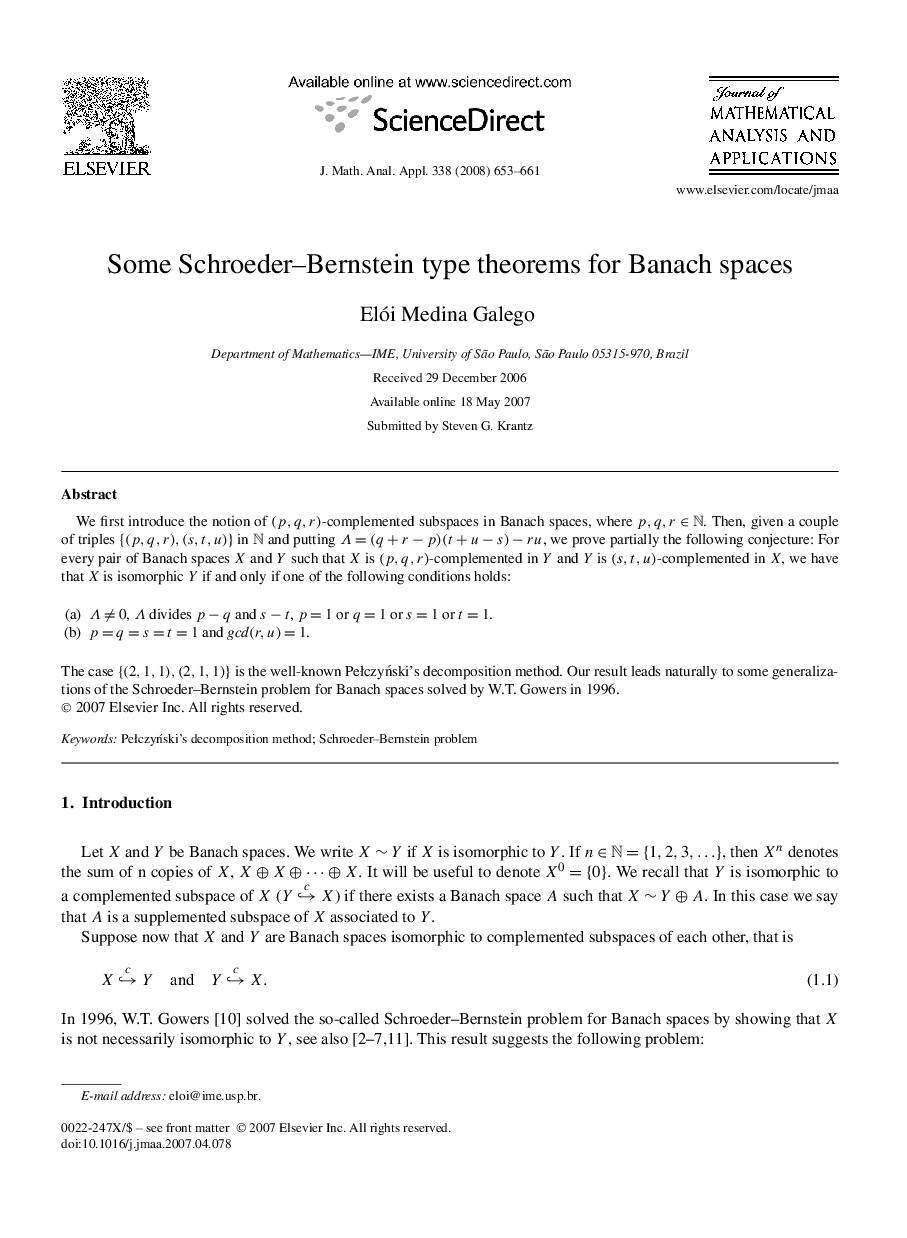 Some Schroeder–Bernstein type theorems for Banach spaces