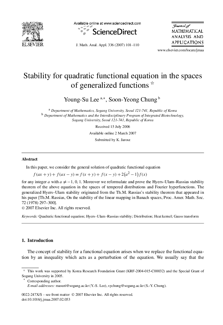 Stability for quadratic functional equation in the spaces of generalized functions 