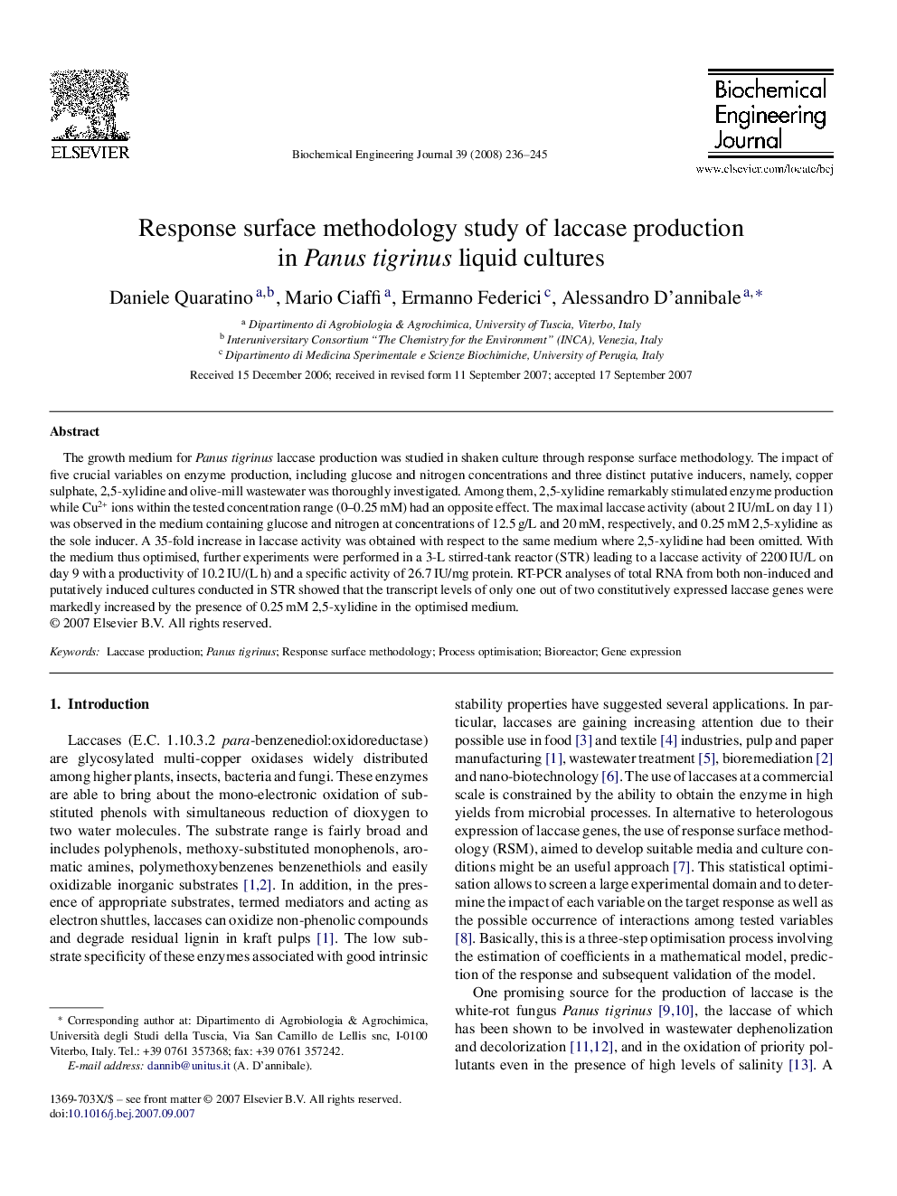 Response surface methodology study of laccase production in Panus tigrinus liquid cultures