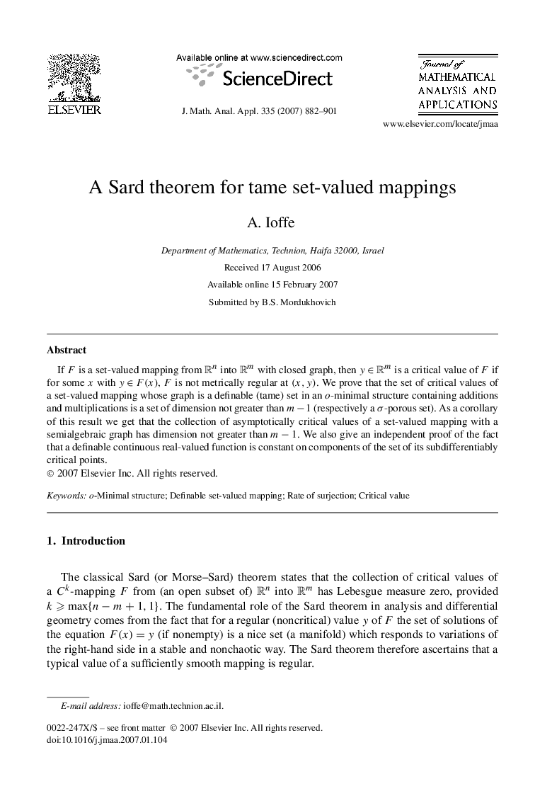 عکس صفحه اول مقاله: A Sard theorem for tame set-valued mappings A Sard theorem for tame set-valued mappings