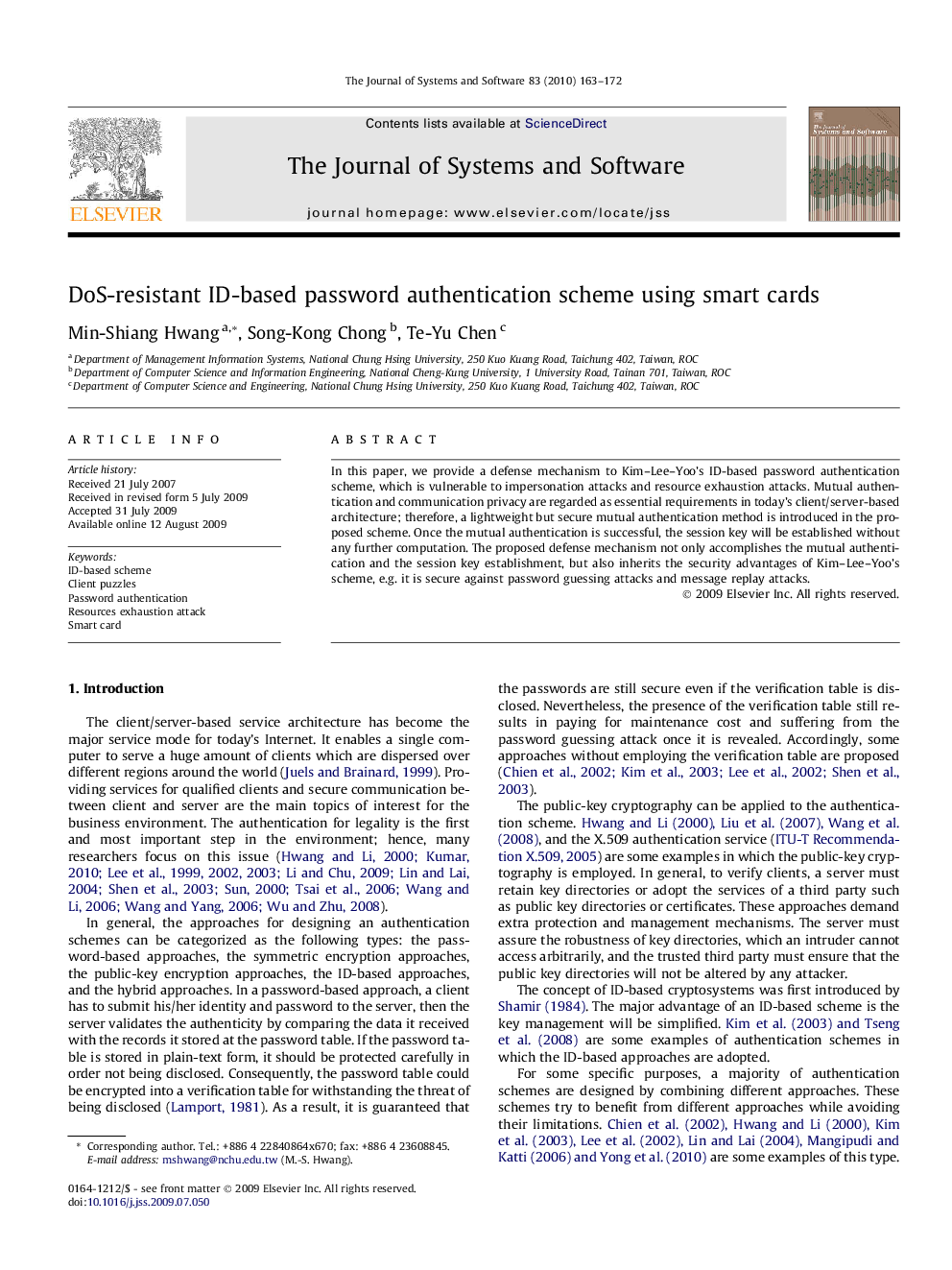 DoS-resistant ID-based password authentication scheme using smart cards