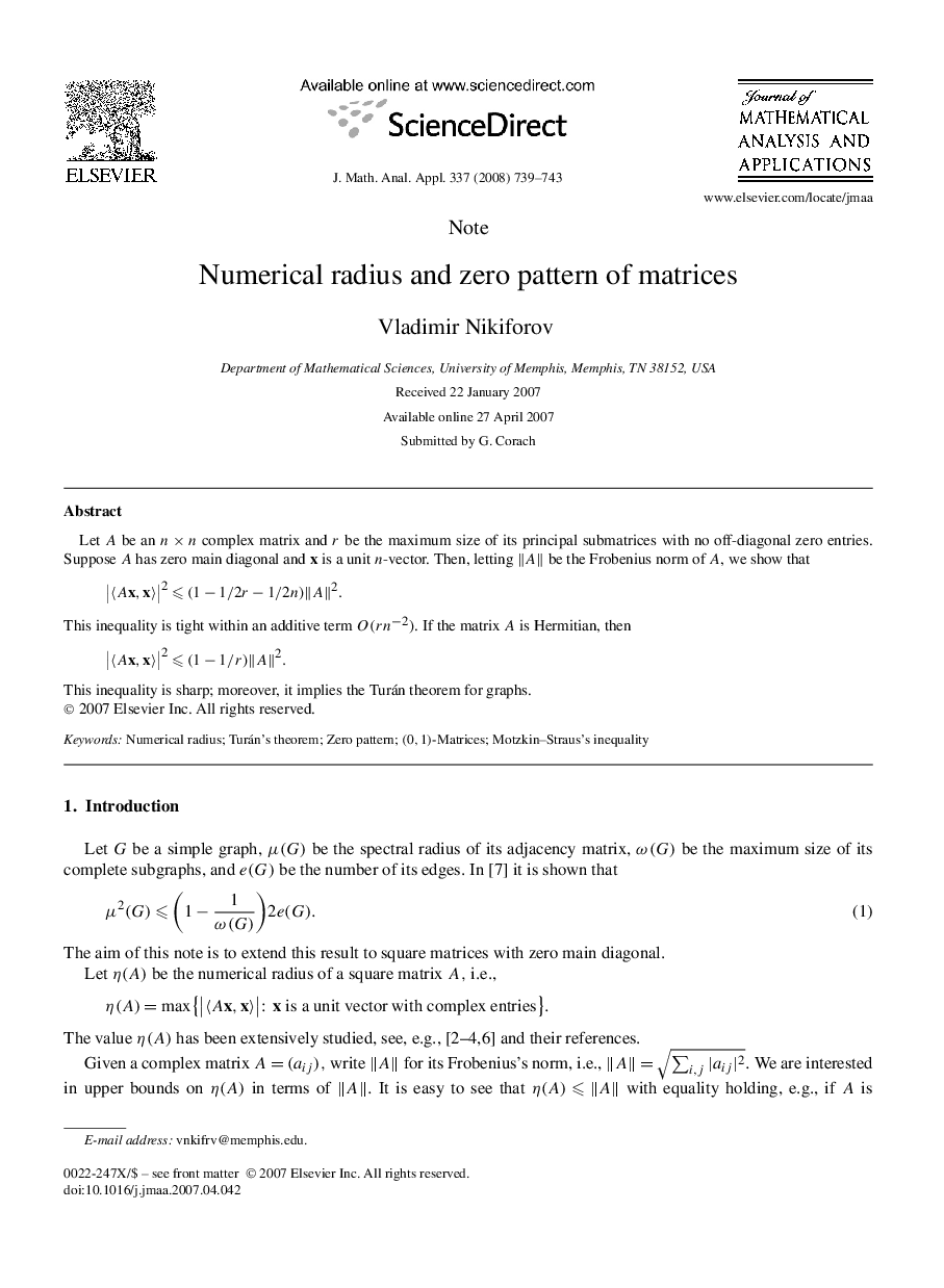 Numerical radius and zero pattern of matrices