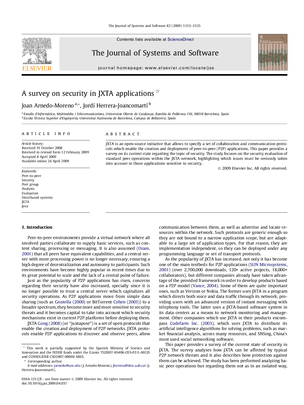 A survey on security in JXTA applications 