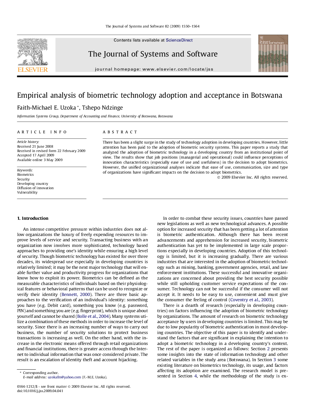 Empirical analysis of biometric technology adoption and acceptance in Botswana