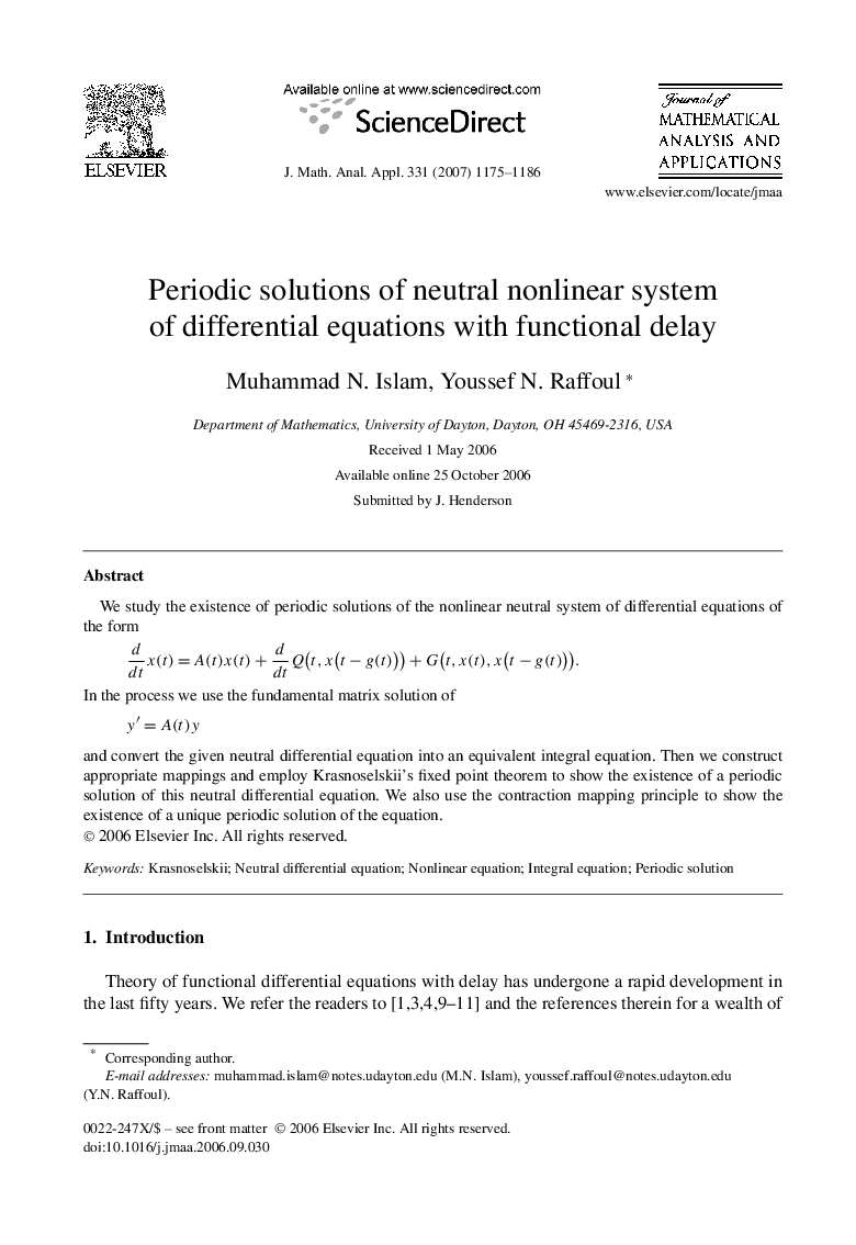 Periodic solutions of neutral nonlinear system of differential equations with functional delay