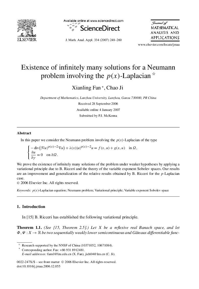 Existence of infinitely many solutions for a Neumann problem involving the p(x)p(x)-Laplacian 