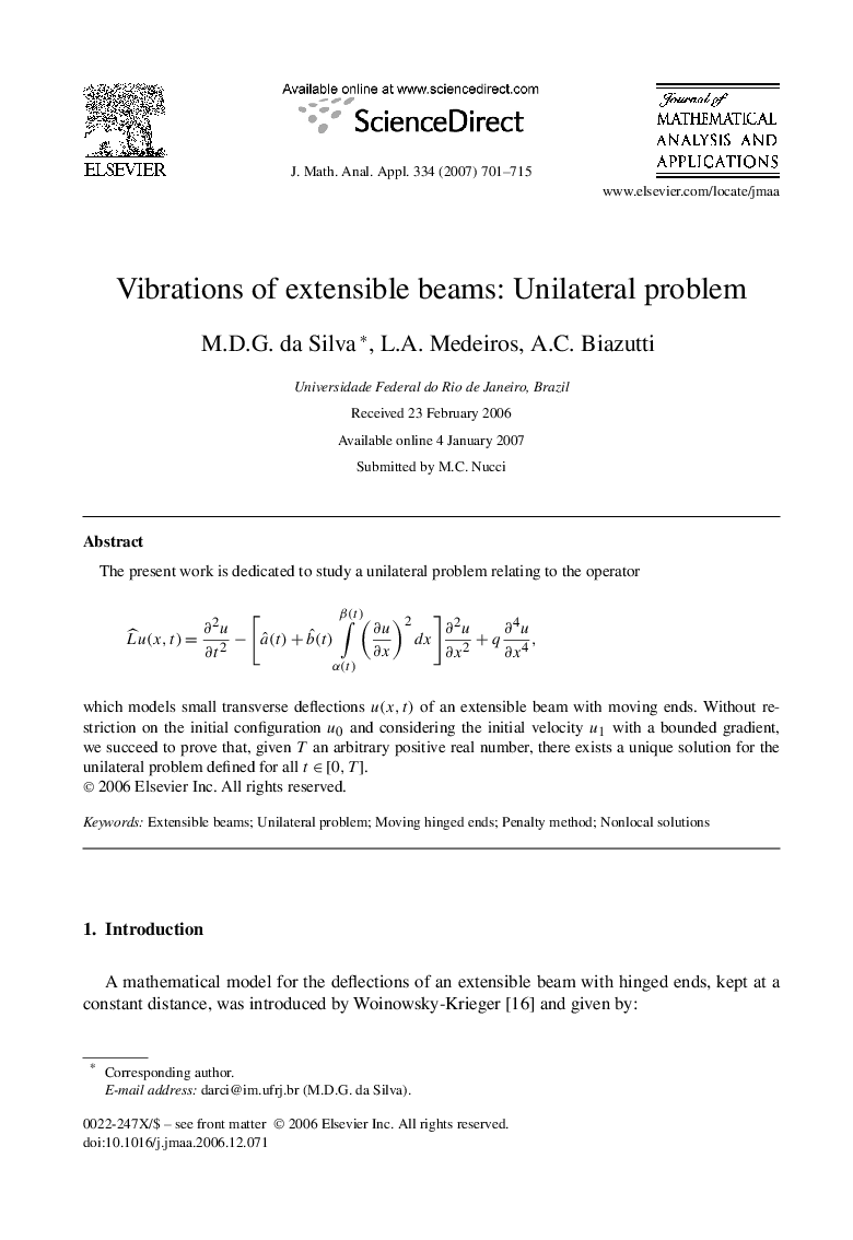 Vibrations of extensible beams: Unilateral problem