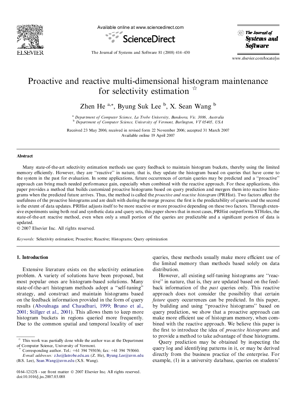عکس صفحه اول مقاله: Proactive and reactive multi-dimensional histogram maintenance for selectivity estimation Proactive and reactive multi-dimensional histogram maintenance for selectivity estimation