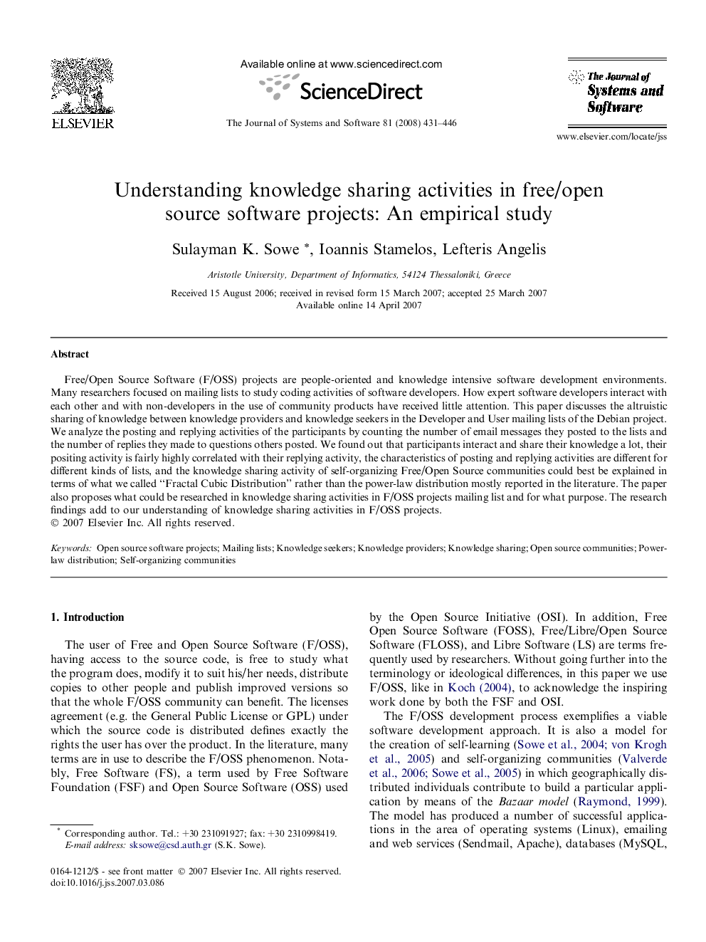 Understanding knowledge sharing activities in free/open source software projects: An empirical study