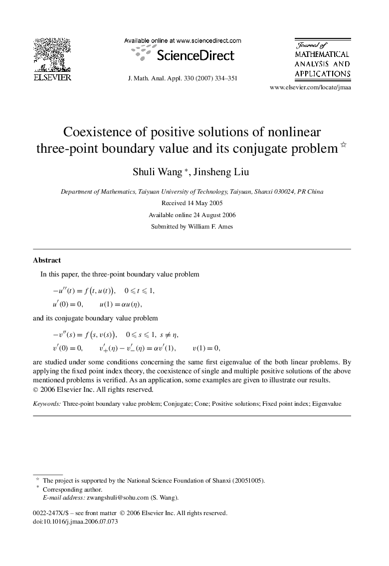 Coexistence of positive solutions of nonlinear three-point boundary value and its conjugate problem 