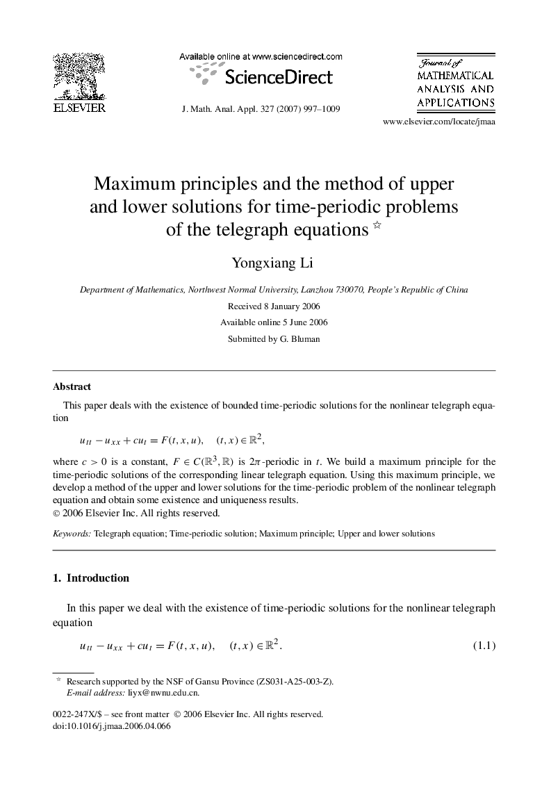 Maximum principles and the method of upper and lower solutions for time-periodic problems of the telegraph equations 