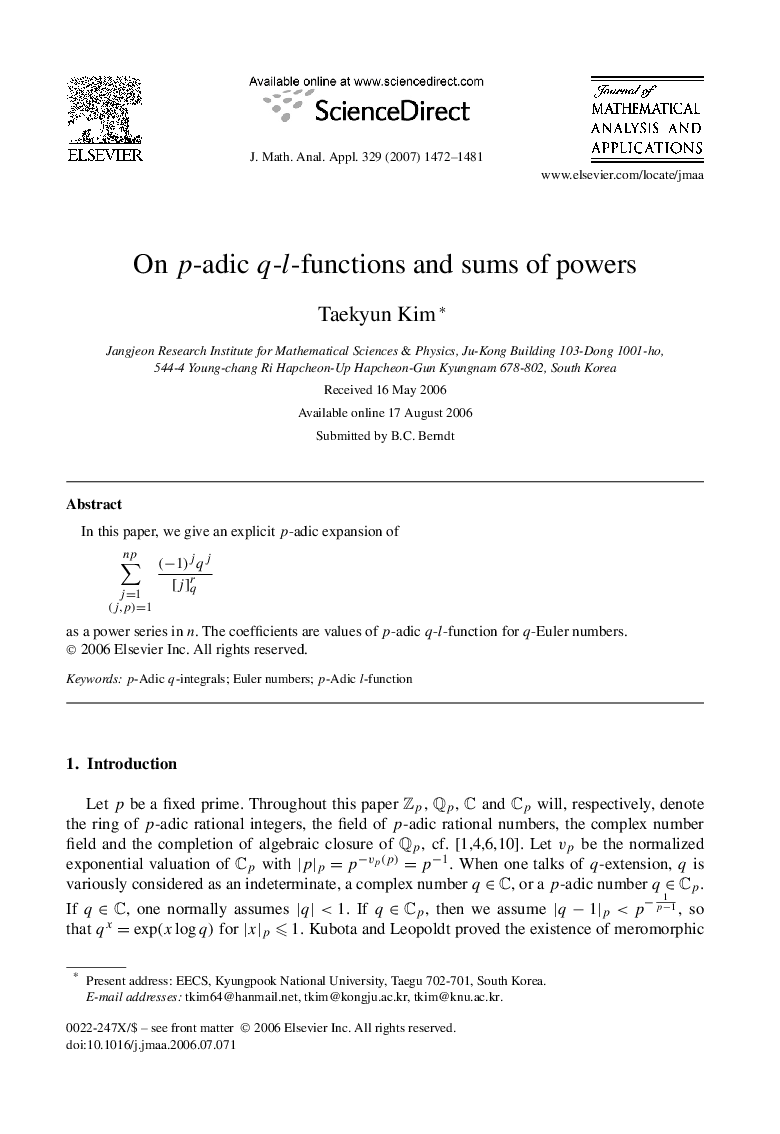 On p-adic q-l-functions and sums of powers