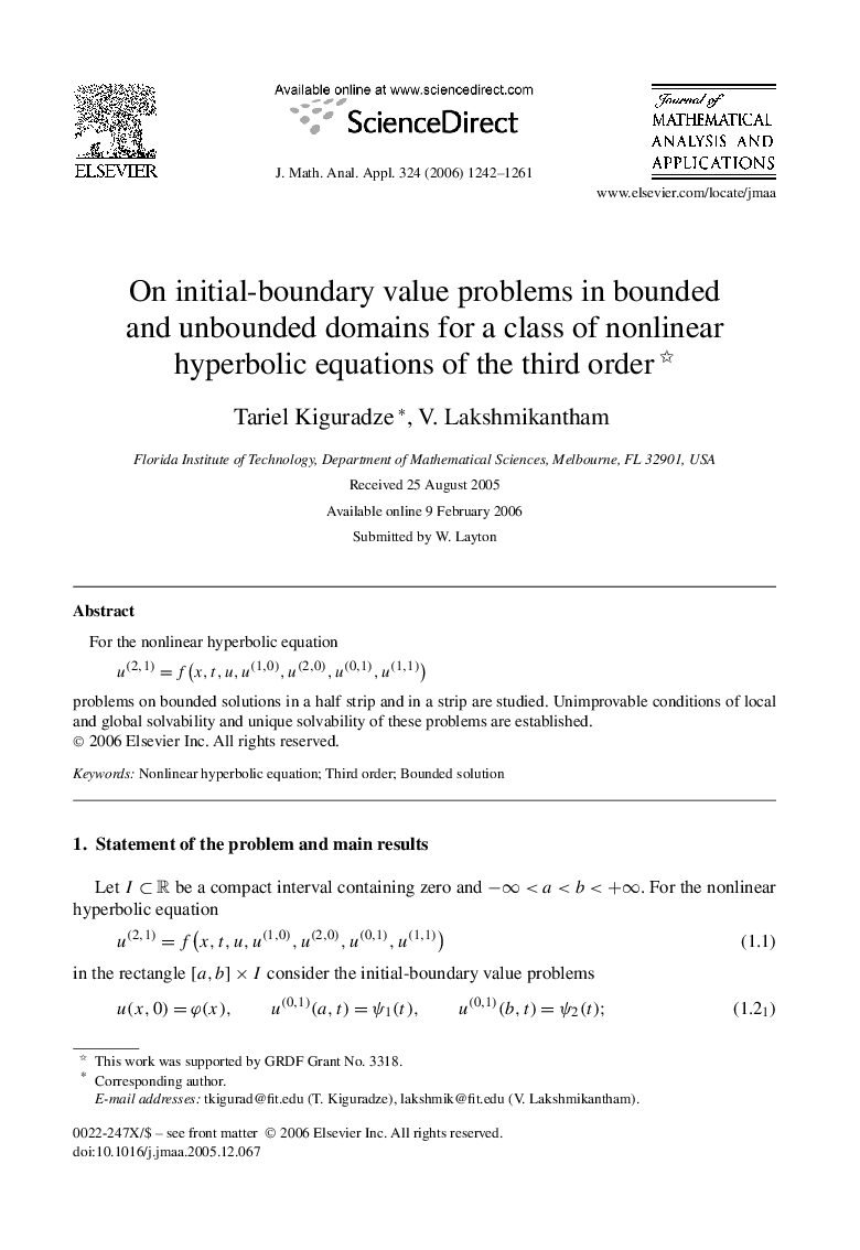 On initial-boundary value problems in bounded and unbounded domains for a class of nonlinear hyperbolic equations of the third order 