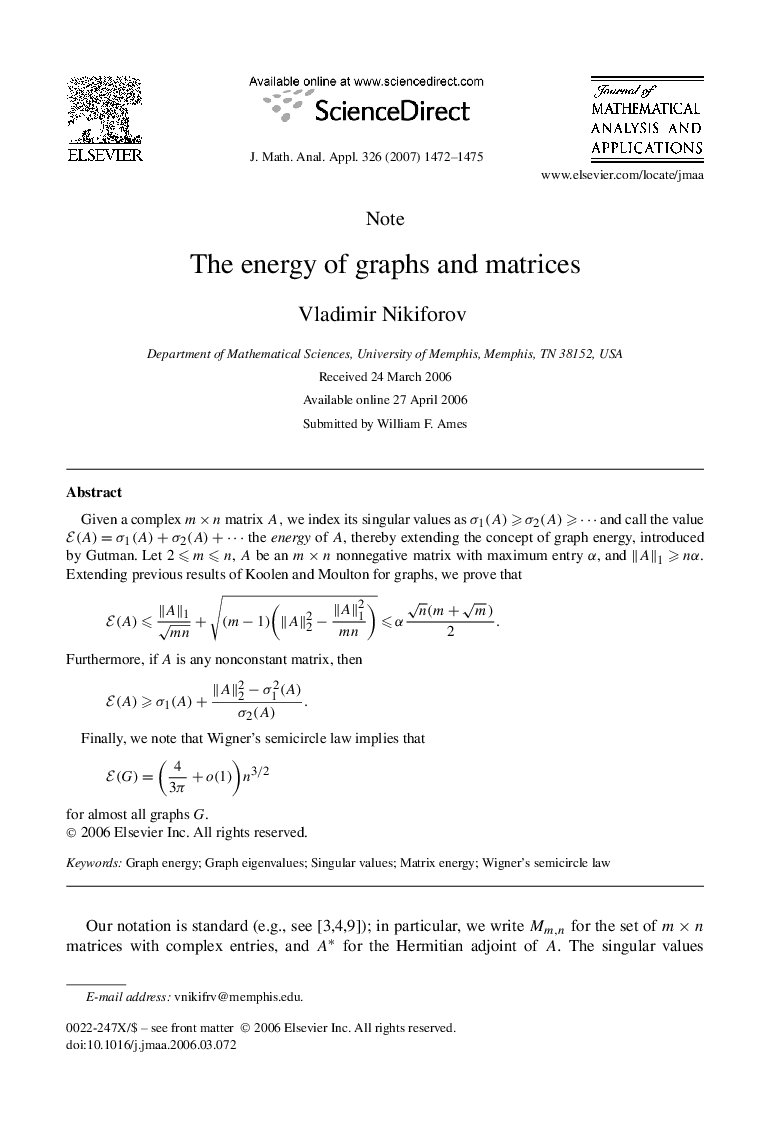 The energy of graphs and matrices